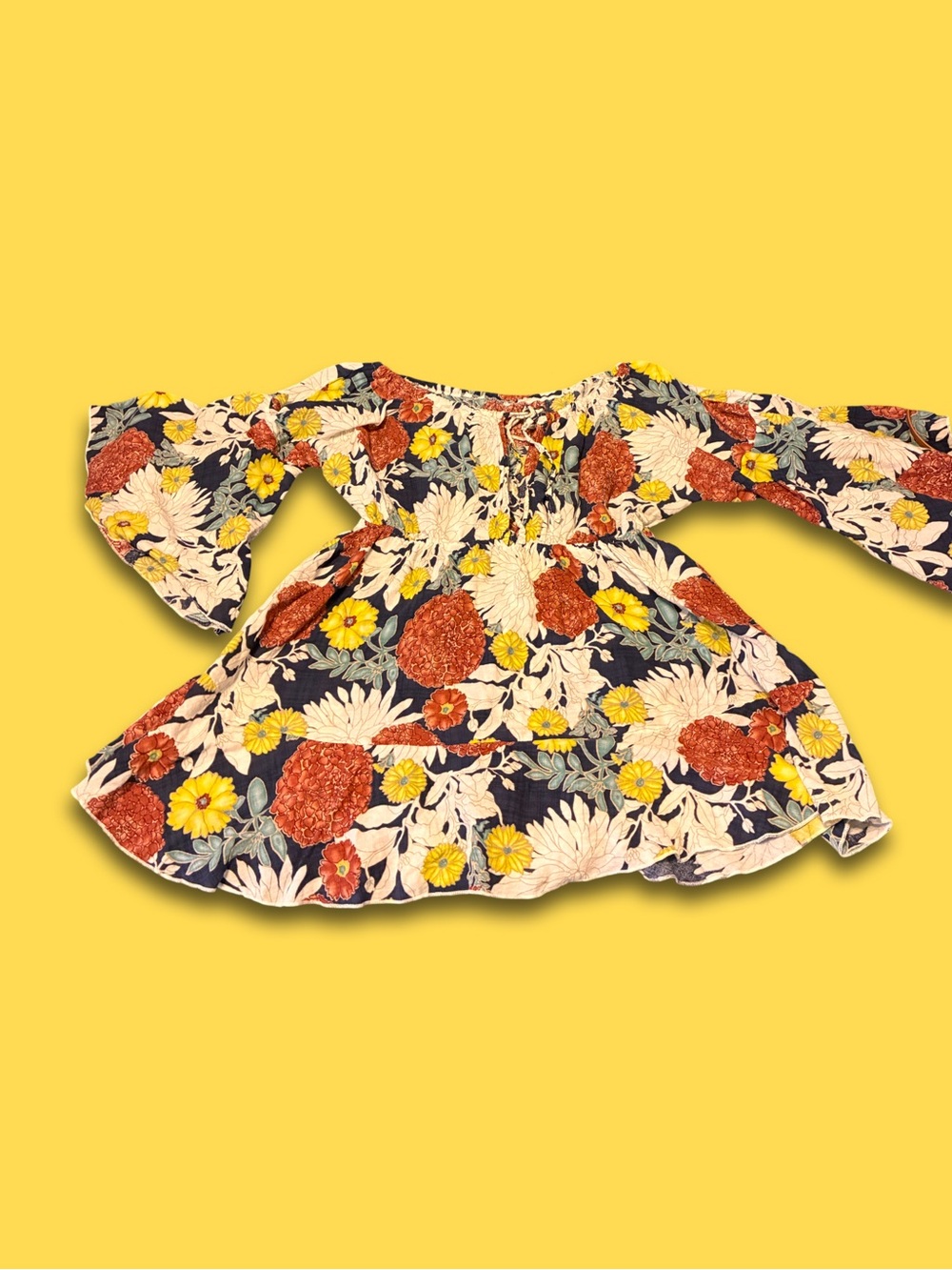 Floral Bell-Sleeve Dress Top - Navy with Yellow & Rust Flowers